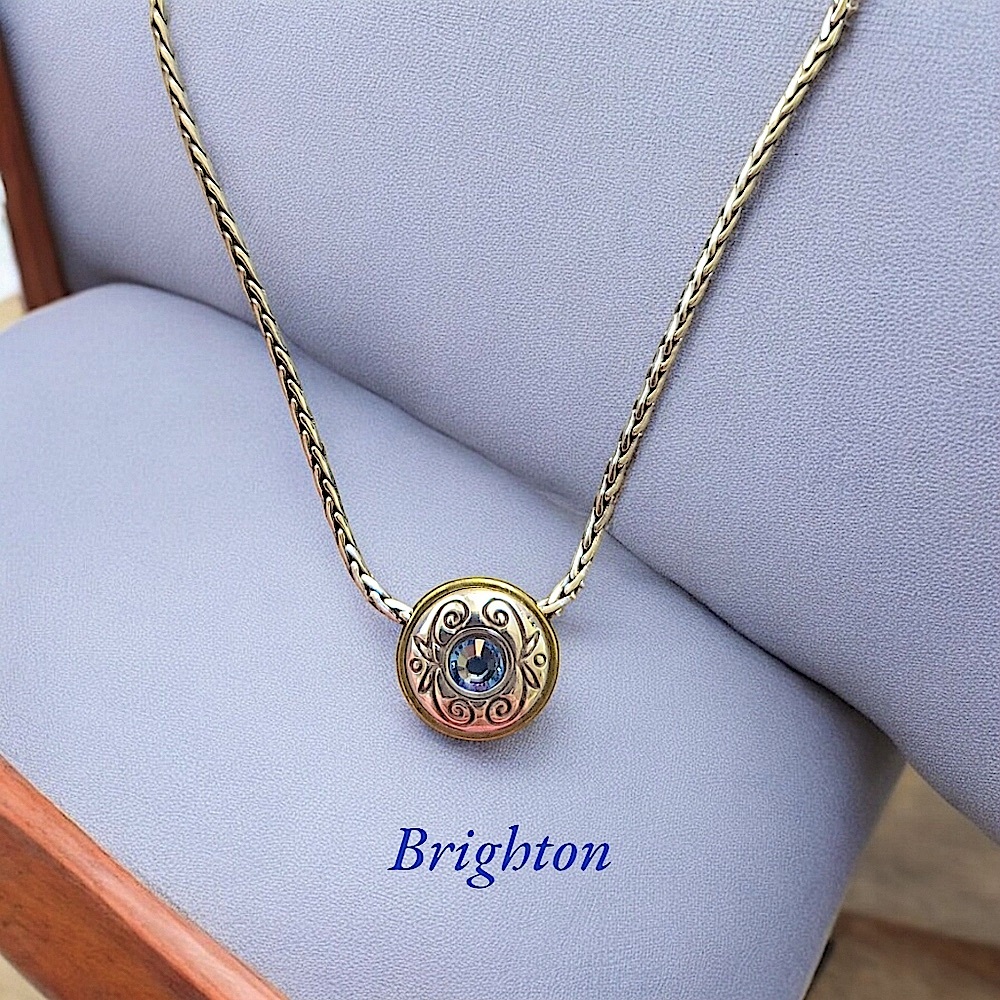 BRIGHTON Collectable Blue Crystal Decorative Bezel Slide Necklace 17"-18.75" L - Picture 3 of 13
